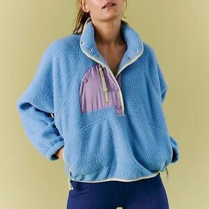 Free People New Hit The Slopes Colorblock Fleece Jacket Denim Combo
